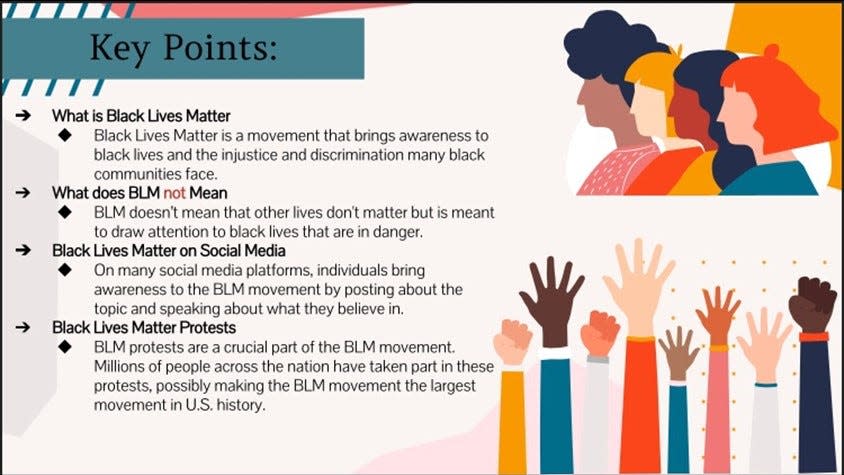 A slide from a presentation of eighth-graders at Felix Festa Middle School in Clarkstown explaining the Black Lives Matter movement. The presentation was tabled by Superintendent Martin Cox at the May 20, 2021 school board meeting.
