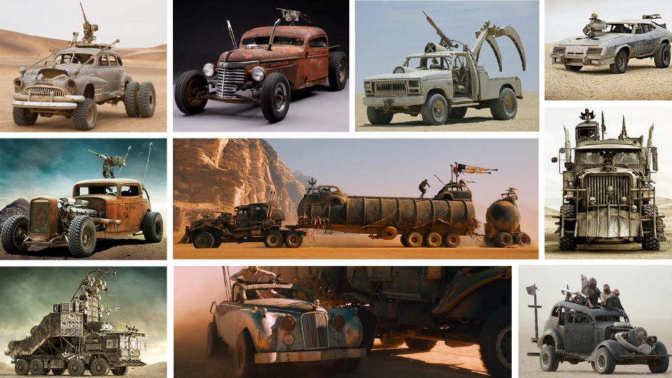 A collage of cars from Mad Max: Fury Road