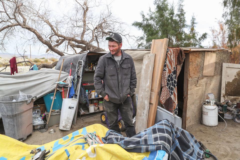 Nine months after Robert Pruitte was evicted from the Coachella encampment, a new shack he was staying at was similarly demolished. Pictured here is the third makeshift shack that he has called home since the Caltrans eviction.