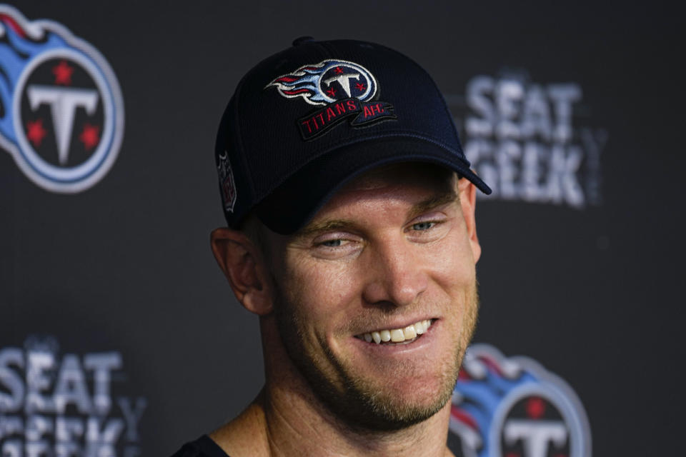 Tennessee Titans quarterback Ryan Tannehill responds to questions after an NFL football training camp practice Wednesday, July 26, 2023, in Nashville, Tenn. (AP Photo/George Walker IV)