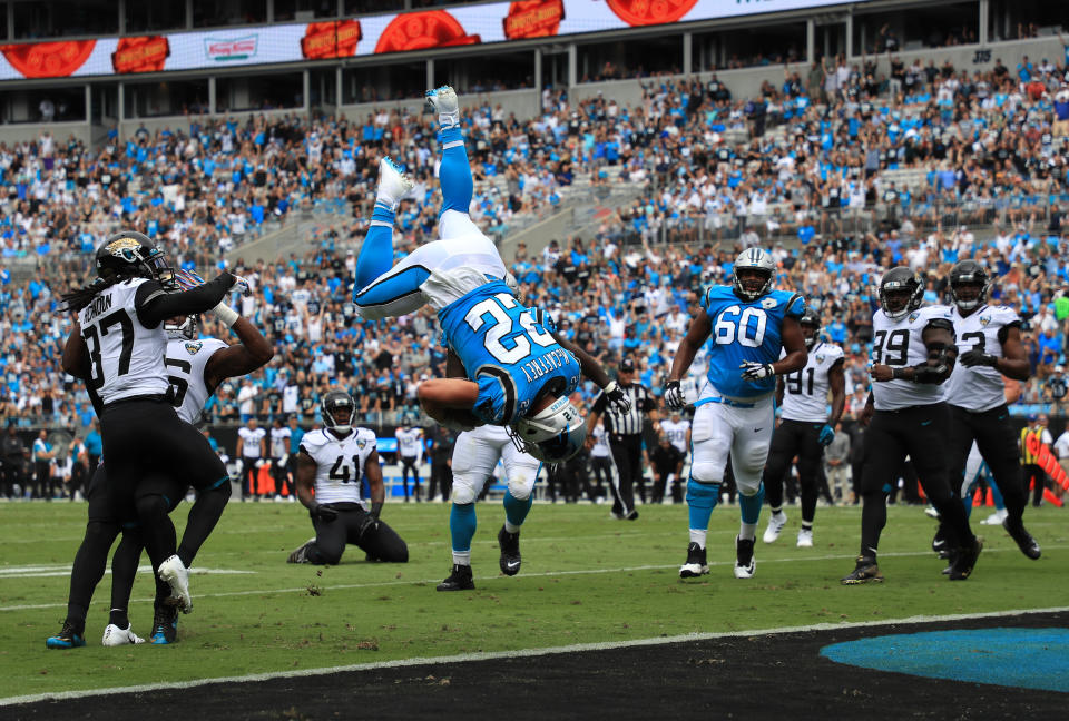 Christian McCaffrey was flipped into the end zone last Sunday. (Getty Images)