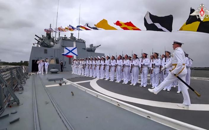 Troops on the Russian military frigate Admiral Gorshkov in Richards Bay, South Africa. - HANDOUT/Russian Defence Ministry/AFP via Getty Images