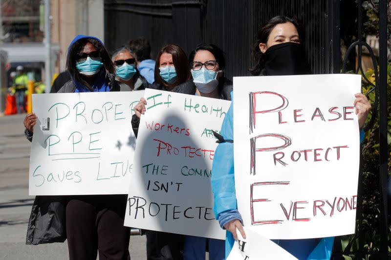 Nurses at Montefiore Medical Center Moses Division in Bronx hold protest demanding more PPE during outbreak of coronavirus disease (COVID-19) in New York