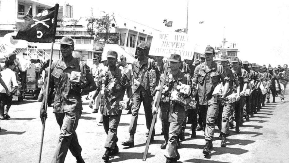 Troops arrive at an airport on March 29, 1973, the last day for U.S. combat troops in Vietnam.