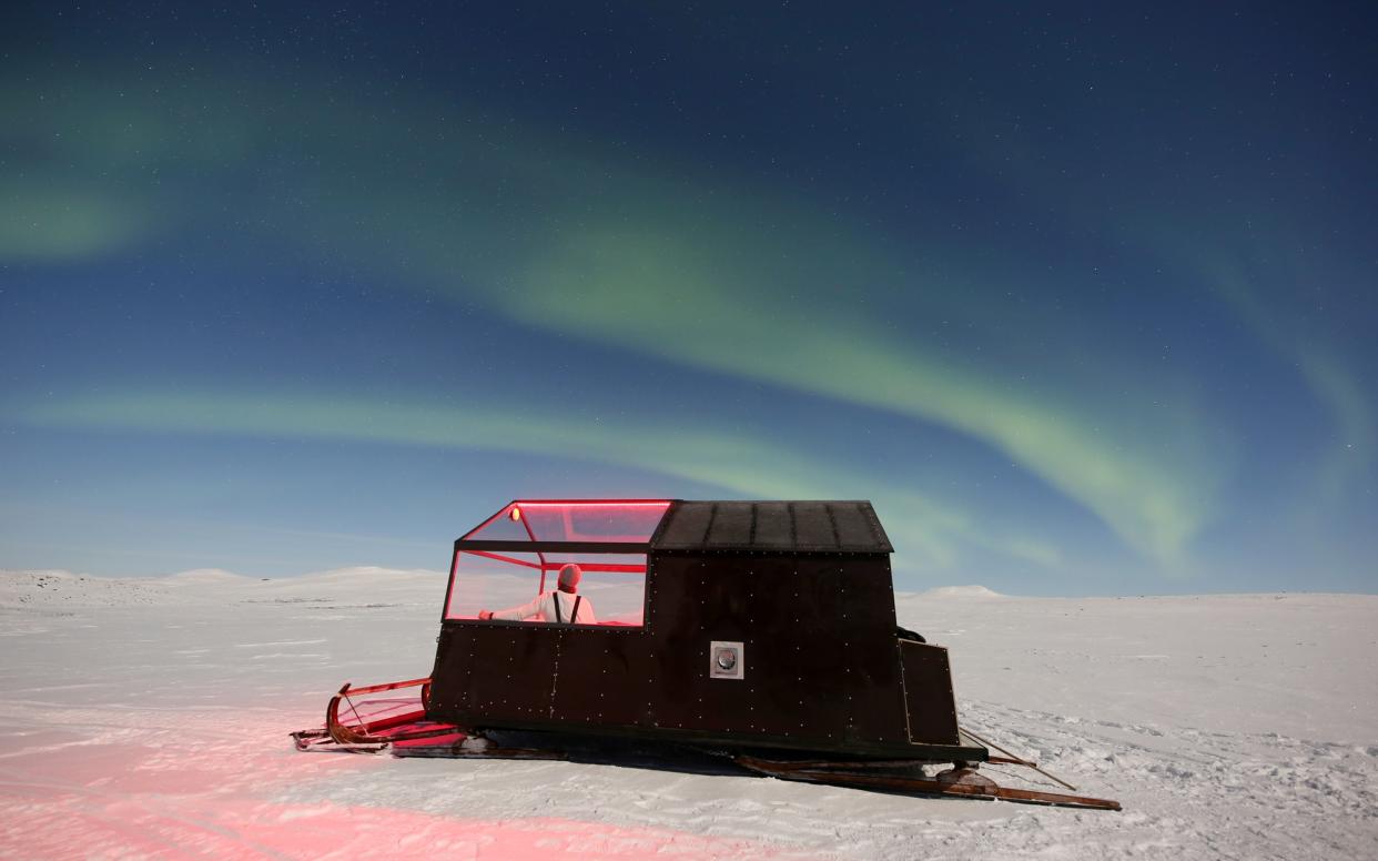 Aurora Wilderness Camp is a collection of three cabins on skis, which can be towed across the Arctic tundra in search of the Northern Lights.