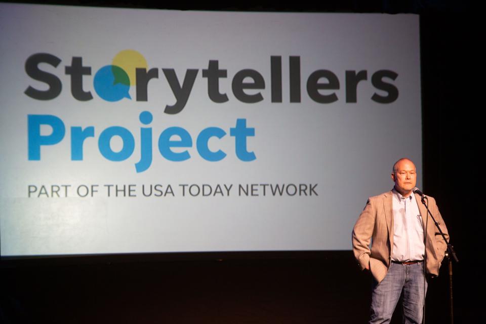 Jim Ramm performs at the "Growing Up" themed Storytellers event at Hoyt Sherman Place in Des Moines, Tuesday, April 26, 2022.