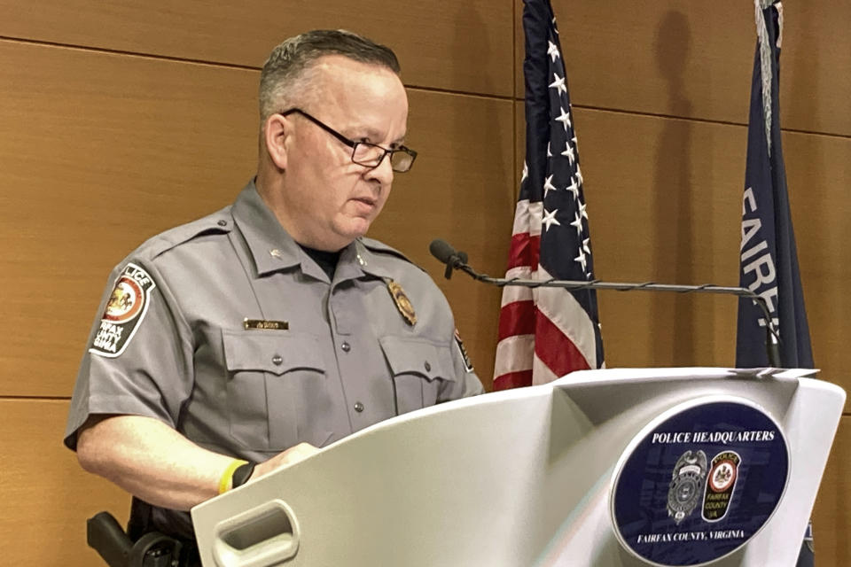 FILE - Fairfax County Police Chief Kevin Davis addresses reporters, March 23, 2023, in Fairfax, Va., after releasing video footage showing police fatally shooting Timothy McCree Johnson outside a shopping mall in February. A special grand jury in Virginia on Thursday, Oct. 12, indicted a former police officer for involuntary manslaughter in the fatal shooting of Johnson, an unarmed shoplifting suspect outside a Virginia shopping mall. (AP Photo/Matthew Barakat, File)