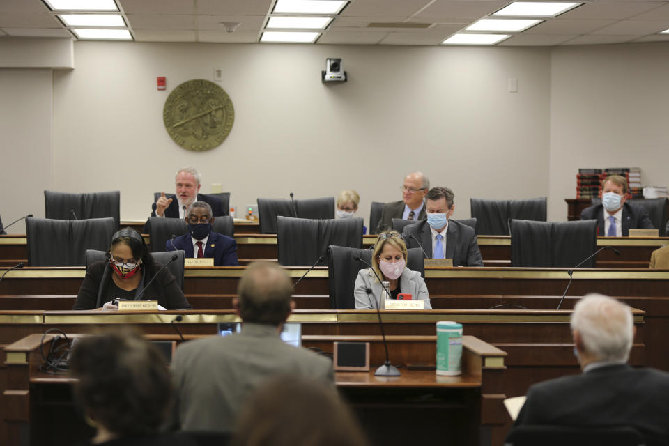 The South Carolina Senate Medical Affairs meets on Thursday, Jan. 21, 2021 in Columbia, S.C. The committee approved a stricter ban on abortions. (AP Photo/Jeffrey Collins)