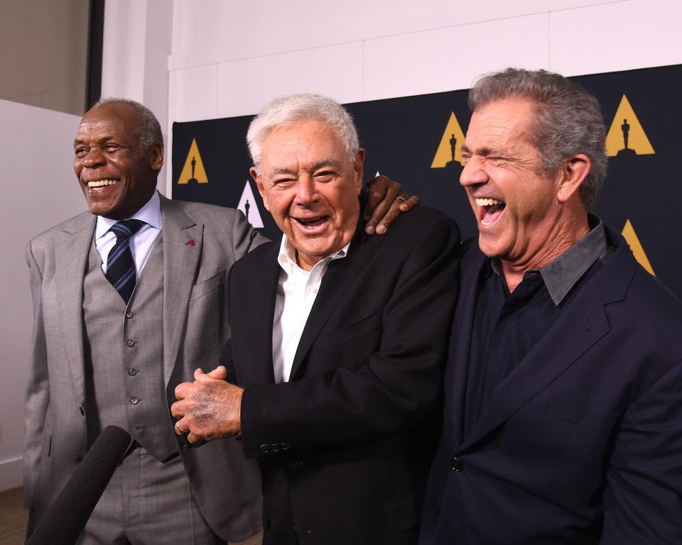 BEVERLY HILLS, CA - JUNE 07:  (L-R) Danny Glover, Richard Donner and Mel Gibson arrive at The Academy Celebrates Filmmaker Richard Donner at Samuel Goldwyn Theater on June 7, 2017 in Beverly Hills, California.  (Photo by Joshua Blanchard/Getty Images)