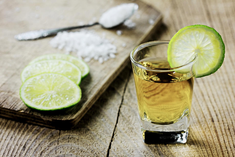 <a href="http://www.myfitnesspal.com/food/calories/alcohol-jose-cuervo-gold-tequila-167657344" target="_blank">Salt and lime not included.</a>