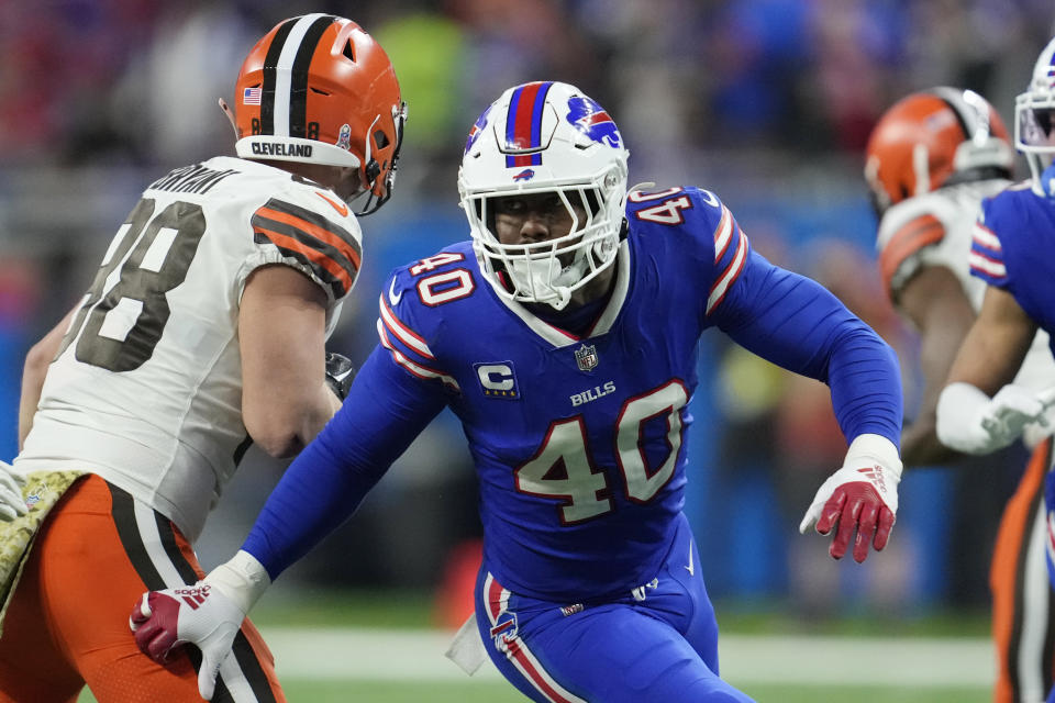 FILE - Buffalo Bills linebacker Von Miller plays during the second half of an NFL football game against the Cleveland Browns, Sunday, Nov. 20, 2022, in Detroit. Edge rusher Miller, still recovering from having surgery to repair a torn ligament in his right knee in December, is one of three Buffalo Bills players set to open training camp on the active/physically unable to perform list.The team on Tuesday, July 25, 2023, also placed defensive tackle Jordan Phillips and linebacker Tyler Matakevich on the PUP list without disclosing their injuries. (AP Photo/Paul Sancya, File)