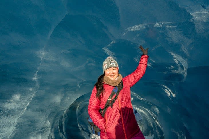 Exploring an ice cave in winter at Valdez Glacier