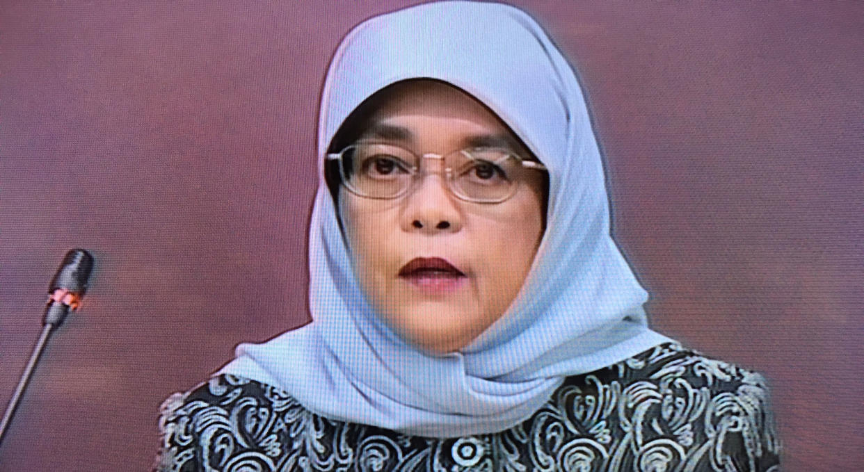 President Halimah Yacob speaking in her opening address of Parliament on 7 May 2018. Photo: TV screen grab