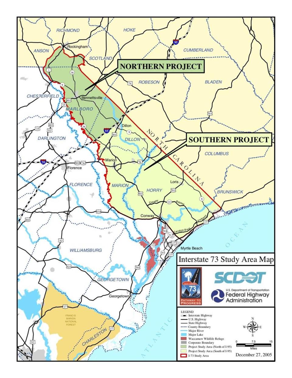 A map showing I-73’s route thorugh South Carolina