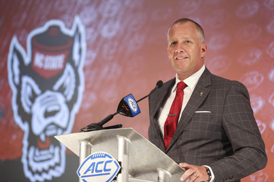 North Carolina State head coach Dave Doeren answers a question during an NCAA college football news conference at the Atlantic Coast Conference media days in Charlotte, N.C., Thursday, July 22, 2021. (AP Photo/Nell Redmond)