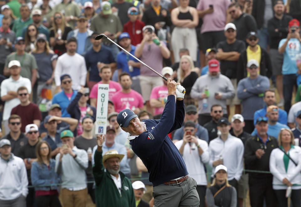 Matt Kuchar hits from the seventh tee during the third round of the Phoenix Open PGA golf tournament, Saturday, Feb. 2, 2019, in Scottsdale, Ariz. (AP Photo/Matt York)