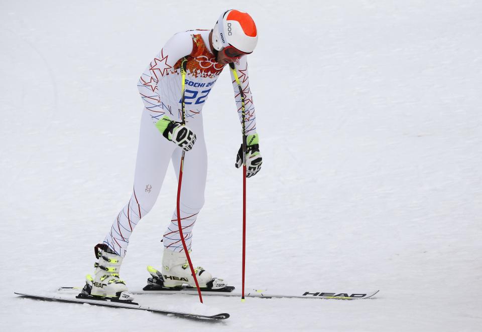 United States' Bode Miller pauses in the finish area after completing Men's super combined downhill training at the Sochi 2014 Winter Olympics, Tuesday, Feb. 11, 2014, in Krasnaya Polyana, Russia. (AP Photo/Christophe Ena)