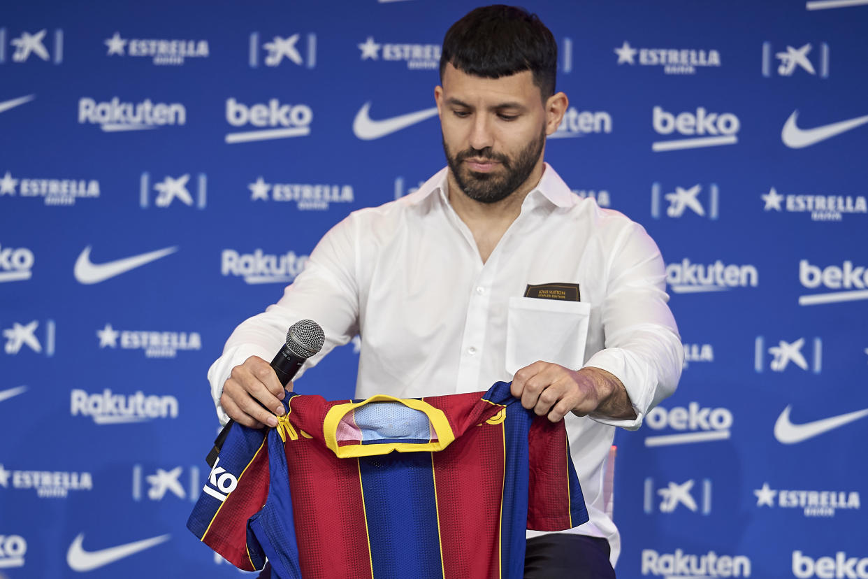 New signing Sergio Kun Aguero during his first press comference during his presentation as FC Barcelona new player at Auditori 1989 in Barcelona, Spain. (Photo by DAX Images/NurPhoto via Getty Images)