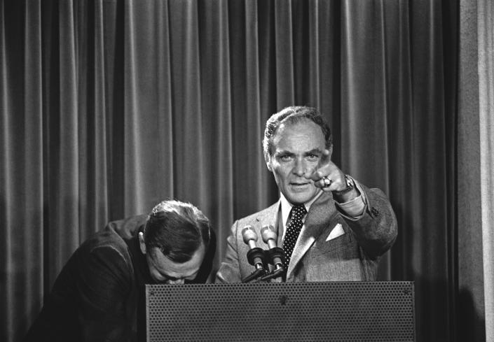 <p>Alexander Haig, President Nixon’s chief of staff, tells a White House news briefing that Nixon’s surrender of the Watergate tapes to U.S. District Court Judge John Sirica didn’t stem solely from fear of impeachment, Oct. 23, 1973, in Washington. (Photo: AP) </p>
