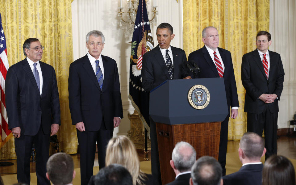 U.S. President Barack Obama (C) and Defense Secretary Leon Panetta (L) stand with presidential nominees during a White House event in Washington, January 7, 2013. From left, are:Panetta, Defense Secretary-nominee nominee Chuck Hagel, Obama, CIA Director-nominee John Brennan and acting CIA Director Michael Morell. (Kevin Lamarque/Reuters) 