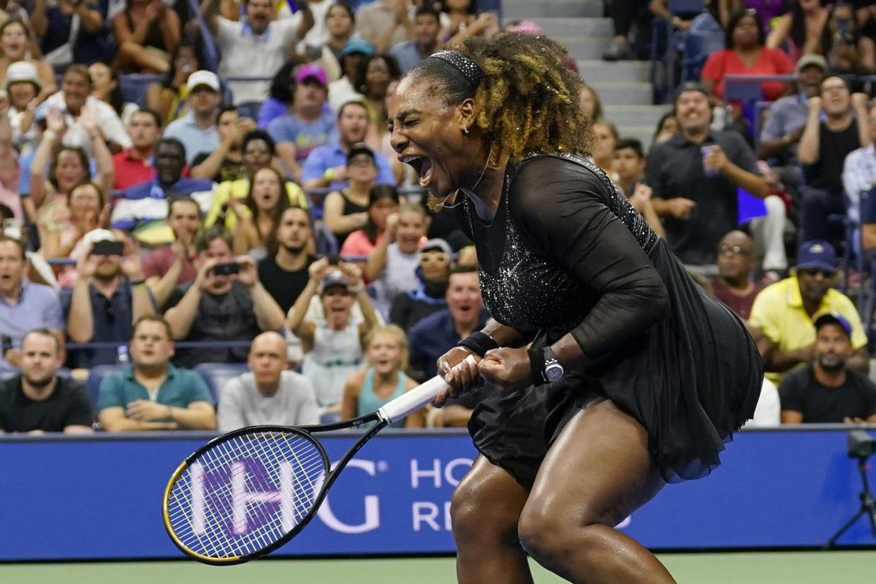 Serena Williams, of the United States, reacts after winning her first round of the U.S. Open tennis championship on Monday, Aug. 29, 2022, in New York.
