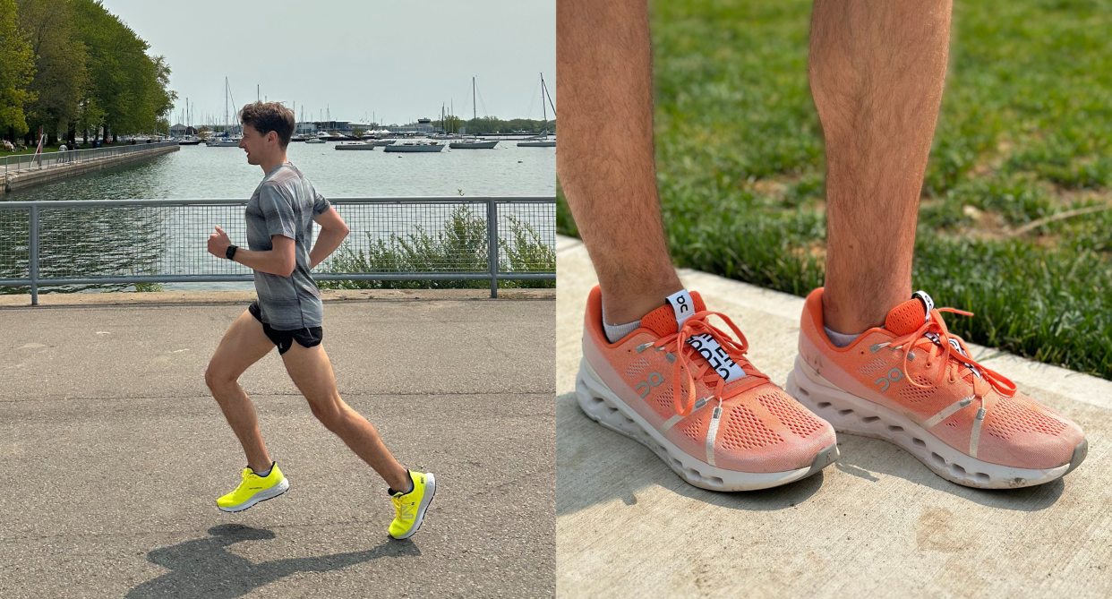 split screen of man wearing t-shirt and black shorts running in neon yellow running shoes on pavement against water, close up of man wearing orange ombre on sneakers running shoes, best running shoes review