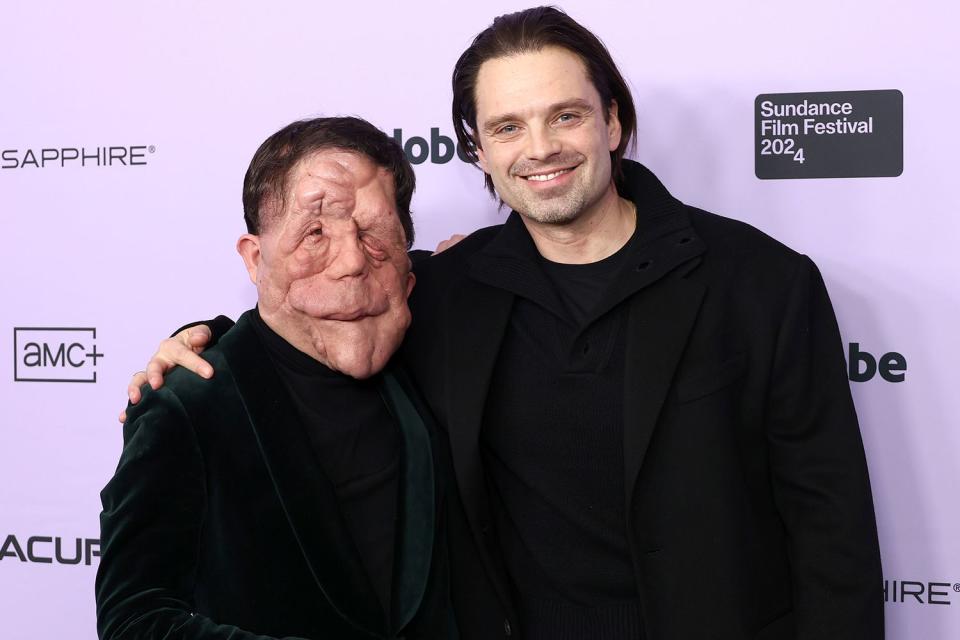 <p>Matt Winkelmeyer/Getty</p> Adam Pearson and Sebastian Stan on Jan. 21, 2024