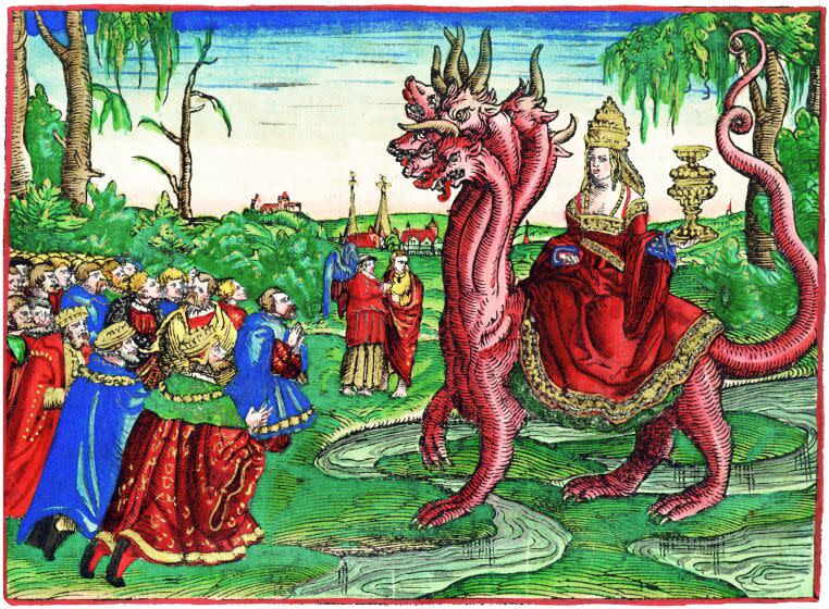 The Whore of Babylon or Babylon the Great is a Christian figure of evil mentioned in the Book of Revelation in the Bible. Her full title is given as 'Babylon the Great, the Mother of Prostitutes and Abominations of the Earth'. (Photo by: Pictures From History/Universal Images Group via Getty Images)