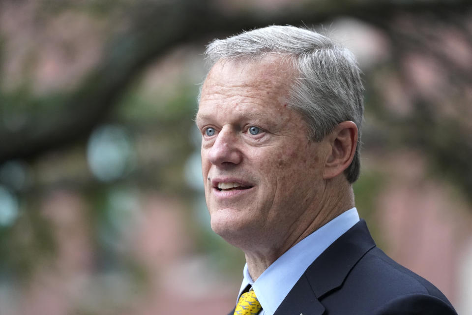 FILE— In this June 18, 2021 file photo Mass. Gov. Charlie Baker speaks during a Juneteenth commemoration in Boston's Nubian Square. California could witness a stunning turnabout if voters dump Democratic Gov. Gavin Newsom and elects a Republican to fill his job in the September recall election. It is rare to see Republican's win the governor's office in solidly Democratic states, but Baker is one of three Republicans along with Vermont Gov. Phil Scott and Maryland Gov. Larry Hogan do so. (AP Photo/Elise Amendola,File)