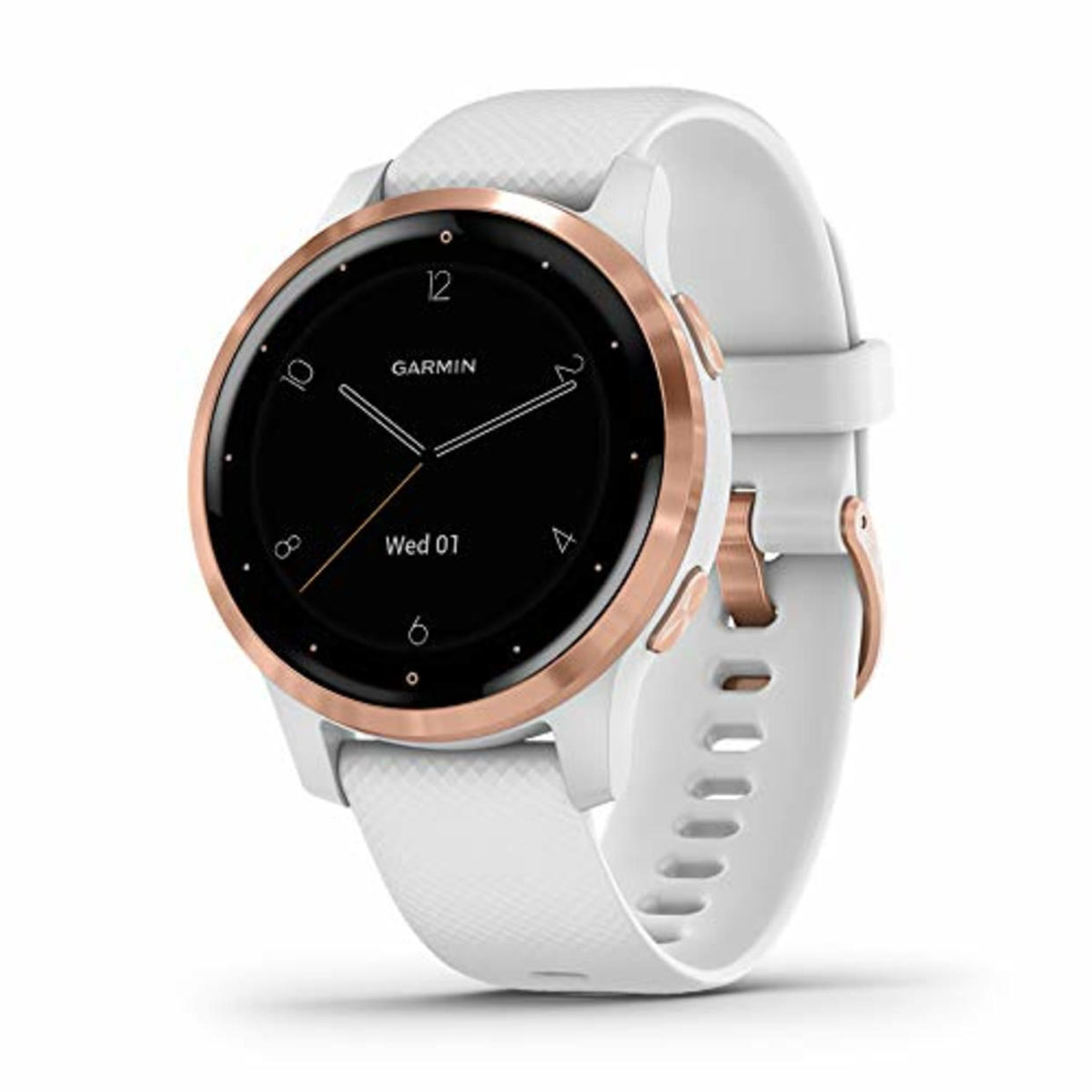 Garmin vivoactive 4S, Smaller-Sized GPS Smartwatch, Features Music, Body Energy Monitoring, Animated Workouts, Pulse Ox Sensors, Rose Gold with White Band (AMAZON)