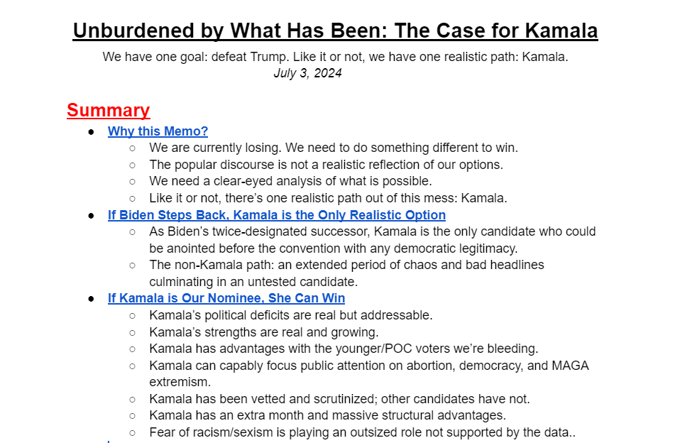 Screengrab of the “The case for Kamala” Google Document