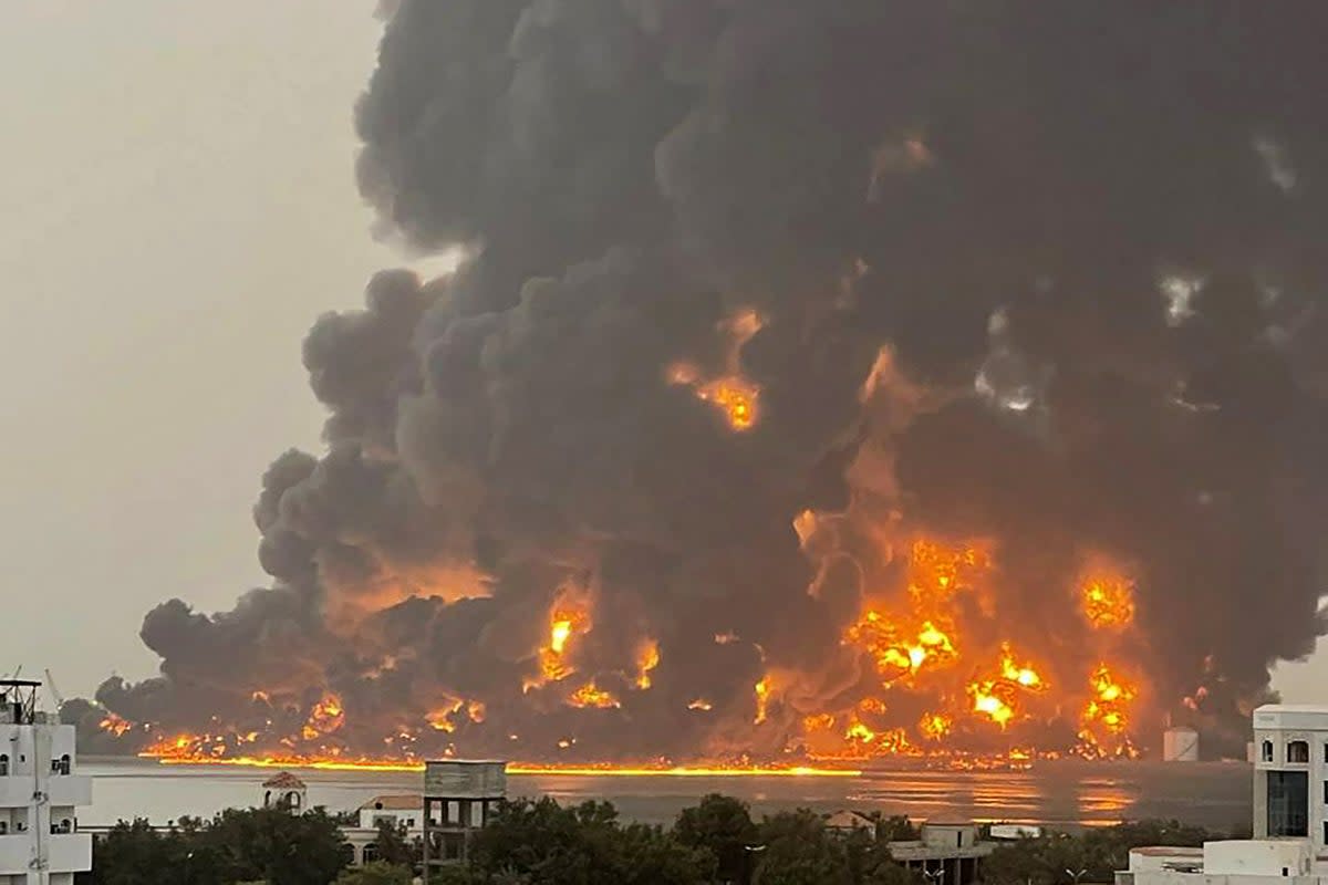 A handout picture obtained from Yemen's Huthi Ansarullah Media Center shows a column of fire erupting following reported strikes in the port city of Hodeida on July 20, 2024 (AFP via Getty Images)