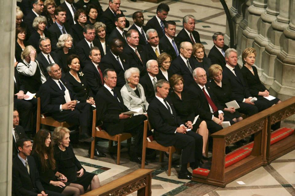 <p>Along with the coffin being wrapped in an American flag and a military salute at the Arlington National Cemetery, many of the funeral's attendees include former Presidents and foreign leaders. </p>