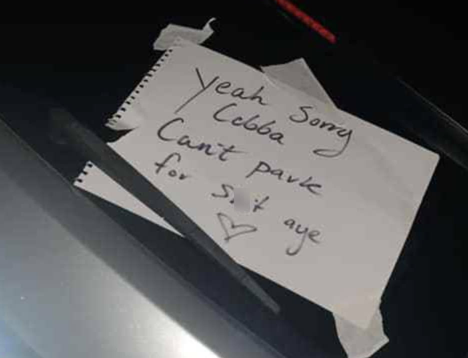 A woman wrote a note of her own making fun of her parking in response to the initial note. Source: Facebook