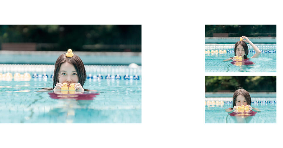 陳紫渝開心在泳池戲水。（圖／時報文化提供）