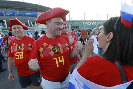 Soccer Football - World Cup - Third Place Play Off - Belgium v England - Saint Petersburg Stadium, Saint Petersburg, Russia - July 14, 2018. Supporters of Belgium celebrate after the match. REUTERS/Sergey Konkov