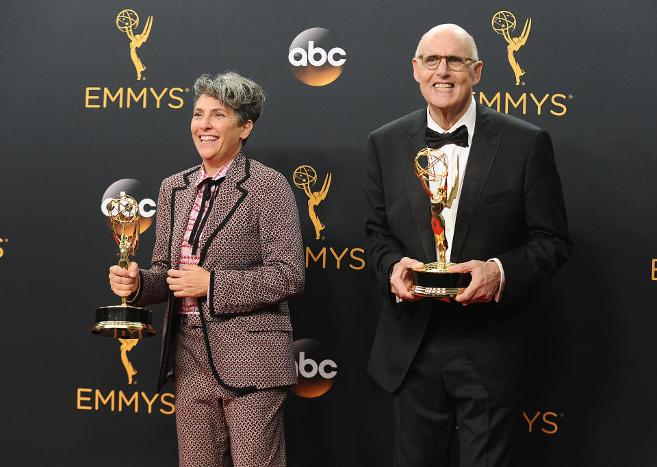 LOS ANGELES, CA - SEPTEMBER 18:  Jill Soloway and Jeffrey Tambor pose in the press room at the 68th annual Primetime Emmy Awards at Microsoft Theater on September 18, 2016 in Los Angeles, California.  (Photo by Jason LaVeris/FilmMagic)