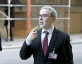 Libya's Mustafa Sanalla, Chairman of the National Oil Corporation, arrives for a meeting of the Organization of the Petroleum Exporting Countries, OPEC, at their headquarters in Vienna, Austria, Thursday, March 5, 2020. (AP Photo/Ronald Zak)