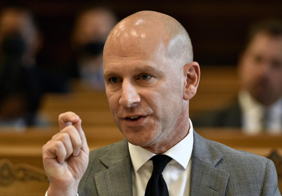 Corey Chirafisi, an attorney for Kyle Rittenhouse, speaks during a motion hearing in Kenosha, Wis., on Friday, Sept. 17, 2021. Rittenhouse traveled from his home in Antioch, Ill., about 20 miles (32 kilometers) to Kenosha on Aug. 25, 2020, after seeing a post on social media for militia to protect businesses. Rittenhouse faces multiple charges in the August 2020 shootings in Kenosha. (Sean Krajacic/The Kenosha News via AP)