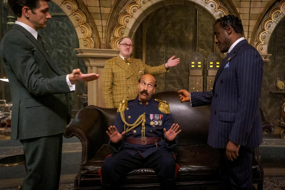 This image released by Warner Bros. Pictures shows, from left, Mathew Baynton, Matt Lucas, Keegan-Michael Key and Paterson Joseph in a scene from "Wonka." (Warner Bros. Pictures via AP)