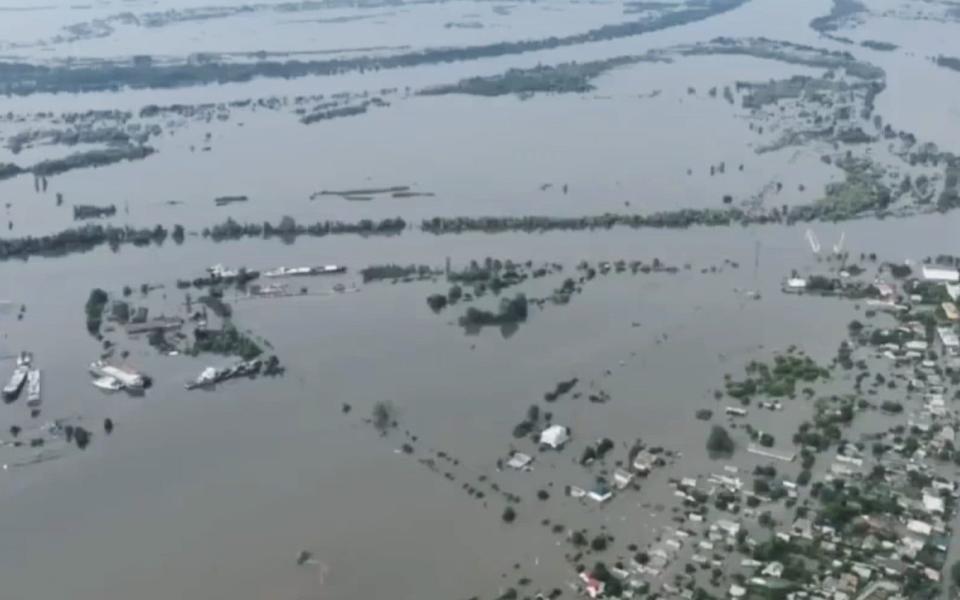 The city of Hola Prystan, in the Kherson region, is almost completely submerged by the floodwaters