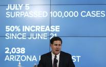 Arizona Republican Gov. Doug Ducey speaks about the latest coronavirus update in Arizona at a news conference Thursday, July 9, 2020, in Phoenix. (AP Photo/Ross D. Franklin, Pool)