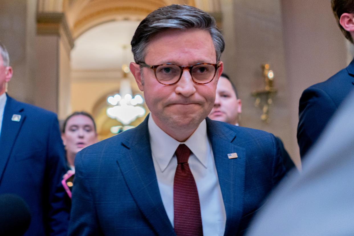 Speaker of the House Mike Johnson, R-La., speaks with members of the media following passage of a series of foreign aide bills at the U.S. Capitol on April 20, 2024 in Washington, DC. The House is passed a $95 billion foreign aid package today for Ukraine, Israel and Taiwan.