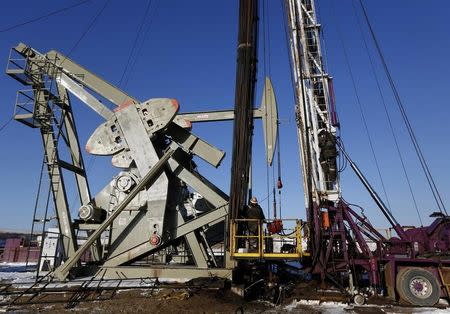 A man climbs down an oil derrick on a rig of an oil drilling pump site in McKenzie County outside of Williston, North Dakota March 12, 2013. REUTERS/Shannon Stapleton