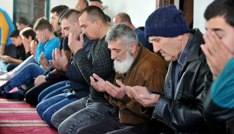 Esad Kundakovic (3rd-R) prays at the central mosque in Novi Pazar in southern Serbia