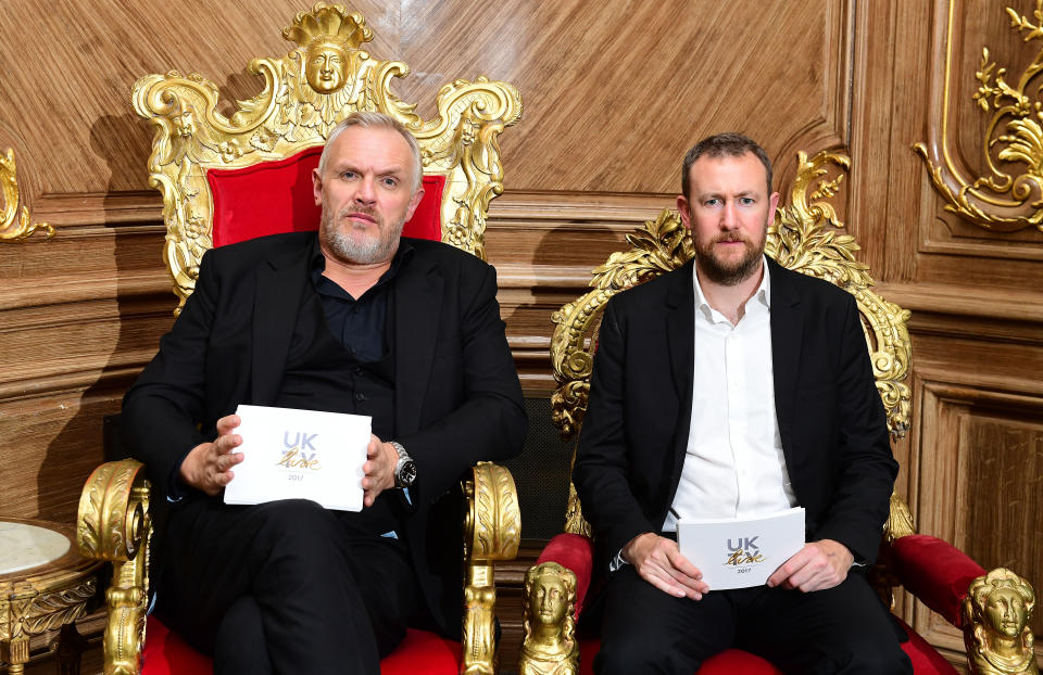 Greg Davies and Alex Horne during for the UKTV Live new season launch at Claridge's hotel, London.