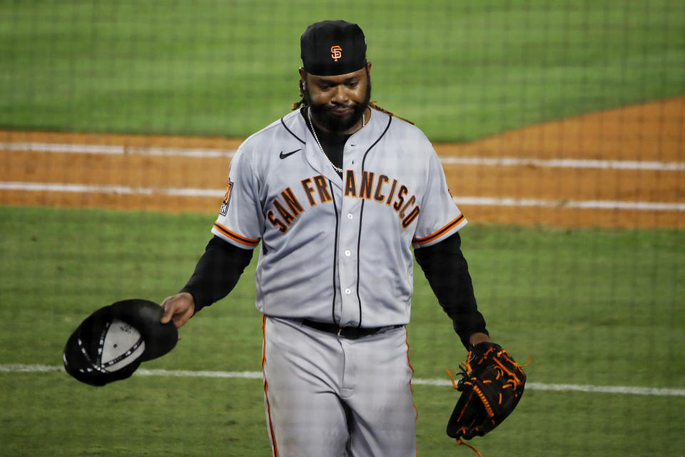 LOS ANGELES, CALIFORNIA - AUGUST 08: Johnny Cueto #47 of the San Francisco Giants walks off the field after giving up a three-run home run to Justin Turner #10 of the Los Angeles Dodgers during the sixth inning at Dodger Stadium on August 08, 2020 in Los Angeles, California. (Photo by Katelyn Mulcahy/Getty Images)