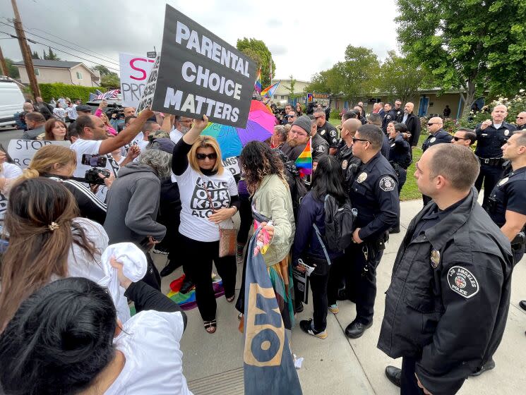 NORTH HOLLYWOOD CA JUNE 2, 2023 - LAPD and school police were on hand outside Saticoy Elementary School in North Hollywood Friday as some parents protested a Pride Month recognition at the campus. (Myung J. Chun. /Los Angeles Times)