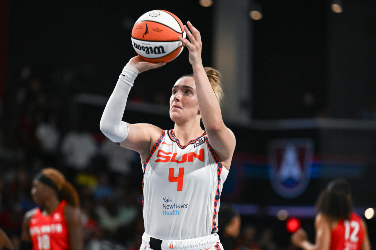 COLLEGE PARK, GA  AUGUST 18:  Connecticut guard Marina Mabrey (4) shoots a free throw during the WNBA game between the Connecticut Sun and the Atlanta Dream on August 18th, 2024 at the Gateway Arena in College Park, GA. (Photo by Rich von Biberstein/Icon Sportswire via Getty Images)