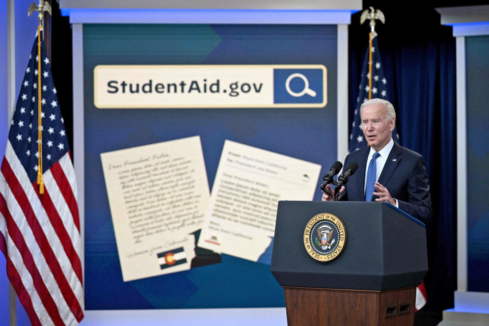 President Joe Biden speaks about the student debt relief portal beta test in Washington on Oct. 17, 2022.  (Brendan Smialowski / AFP - Getty Images)